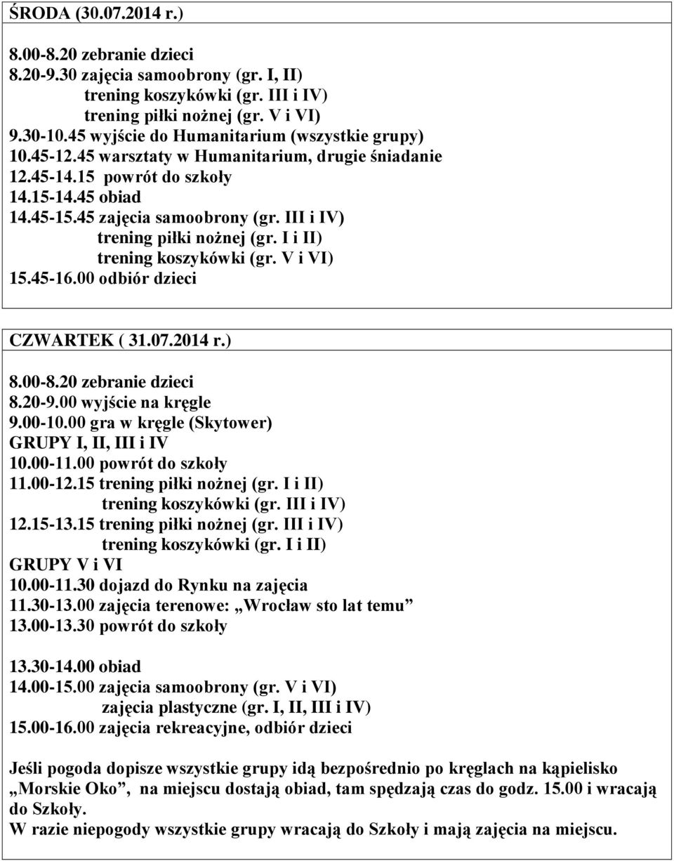 III i IV) trening piłki nożnej (gr. I i II) trening koszykówki (gr. V i VI) 15.45-16.00 odbiór dzieci CZWARTEK ( 31.07.2014 r.) 8.00-8.20 zebranie dzieci 8.20-9.00 wyjście na kręgle 9.00-10.