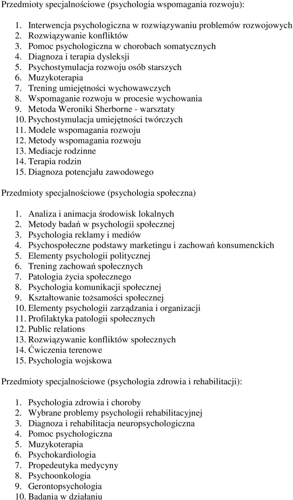 Wspomaganie rozwoju w procesie wychowania 9. Metoda Weroniki Sherborne - warsztaty 10. Psychostymulacja umiejętności twórczych 11. Modele wspomagania rozwoju 12. Metody wspomagania rozwoju 13.