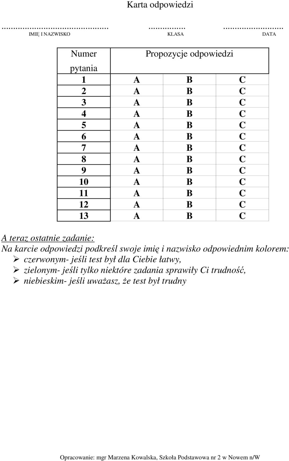 6 A B C 7 A B C 8 A B C 9 A B C 10 A B C 11 A B C 12 A B C 13 A B C A teraz ostatnie zadanie: Na karcie