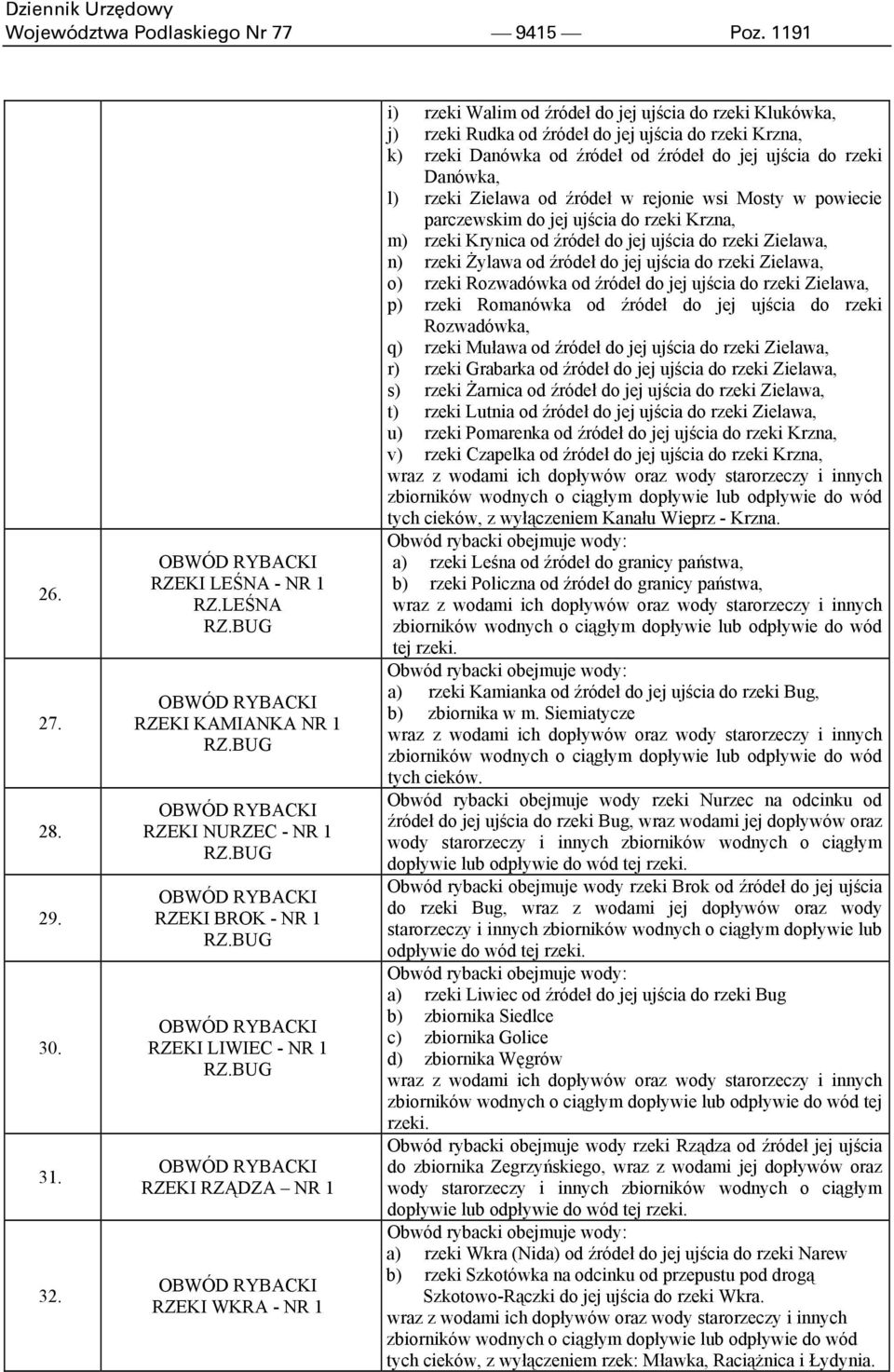 BUG RZEKI RZĄDZA NR 1 RZEKI WKRA - NR 1 i) rzeki Walim od źródeł do jej ujścia do rzeki Klukówka, j) rzeki Rudka od źródeł do jej ujścia do rzeki Krzna, k) rzeki Danówka od źródeł od źródeł do jej
