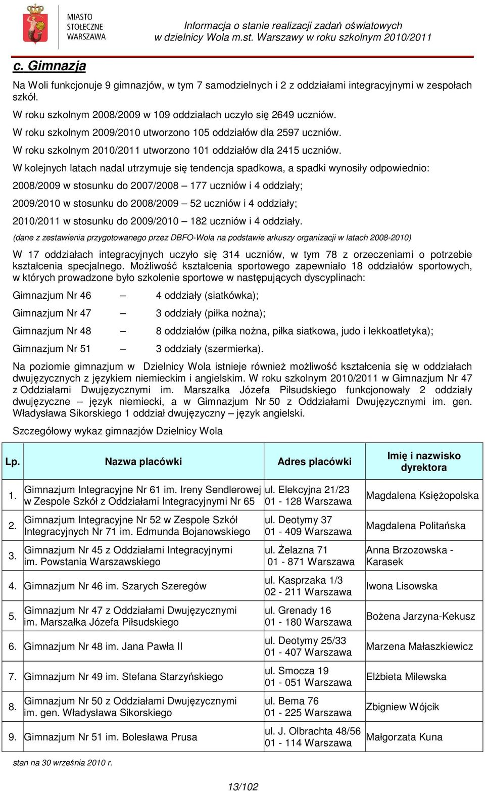 W roku szkolnym 2010/2011 utworzono 101 oddziałów dla 2415 uczniów.