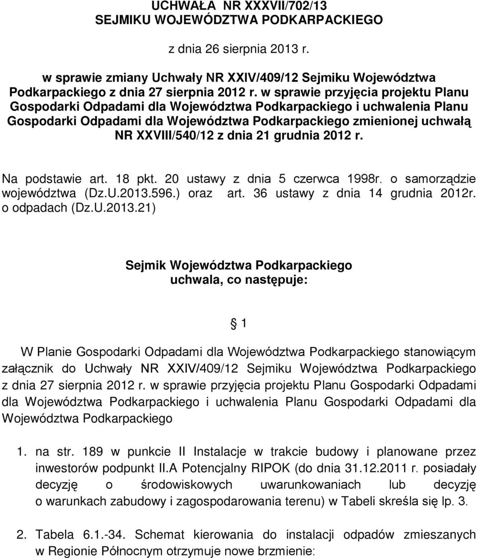 21 grudnia 2012 r. Na podstawie art. 18 pkt. 20 ustawy z dnia 5 czerwca 1998r. o samorządzie województwa (Dz.U.2013.