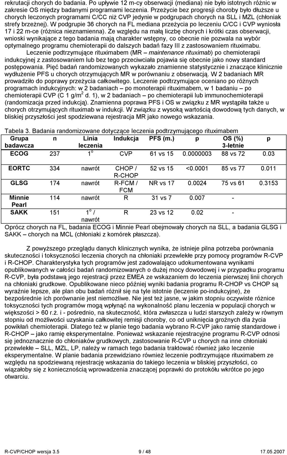 W podgrupie 36 chorych na FL mediana przeżycia po leczeniu C/CC i CVP wyniosła 17 i 22 m-ce (różnica nieznamienna).