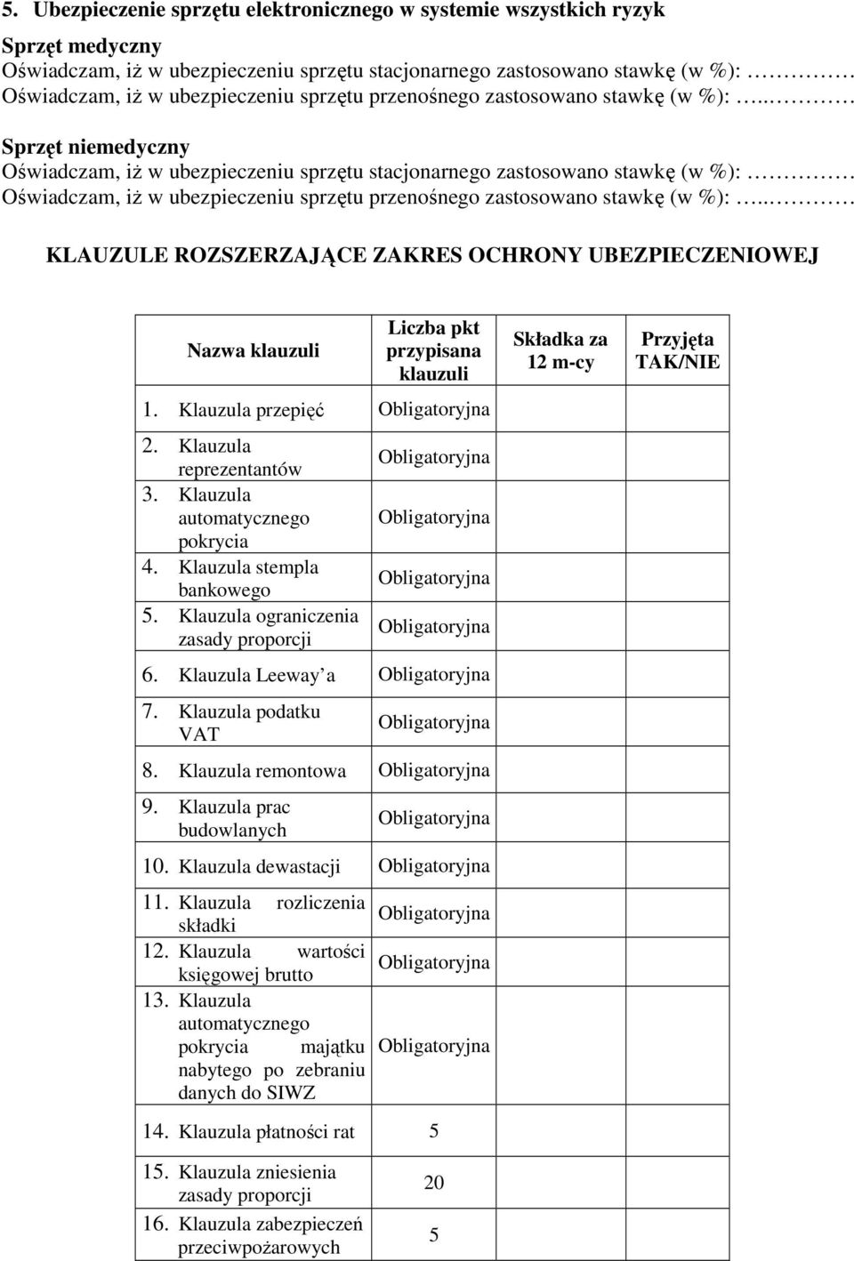 . Sprzęt niemedyczny Oświadczam, iŝ w ubezpieczeniu sprzętu stacjonarnego zastosowano stawkę (w %): Oświadczam, iŝ w ubezpieczeniu .