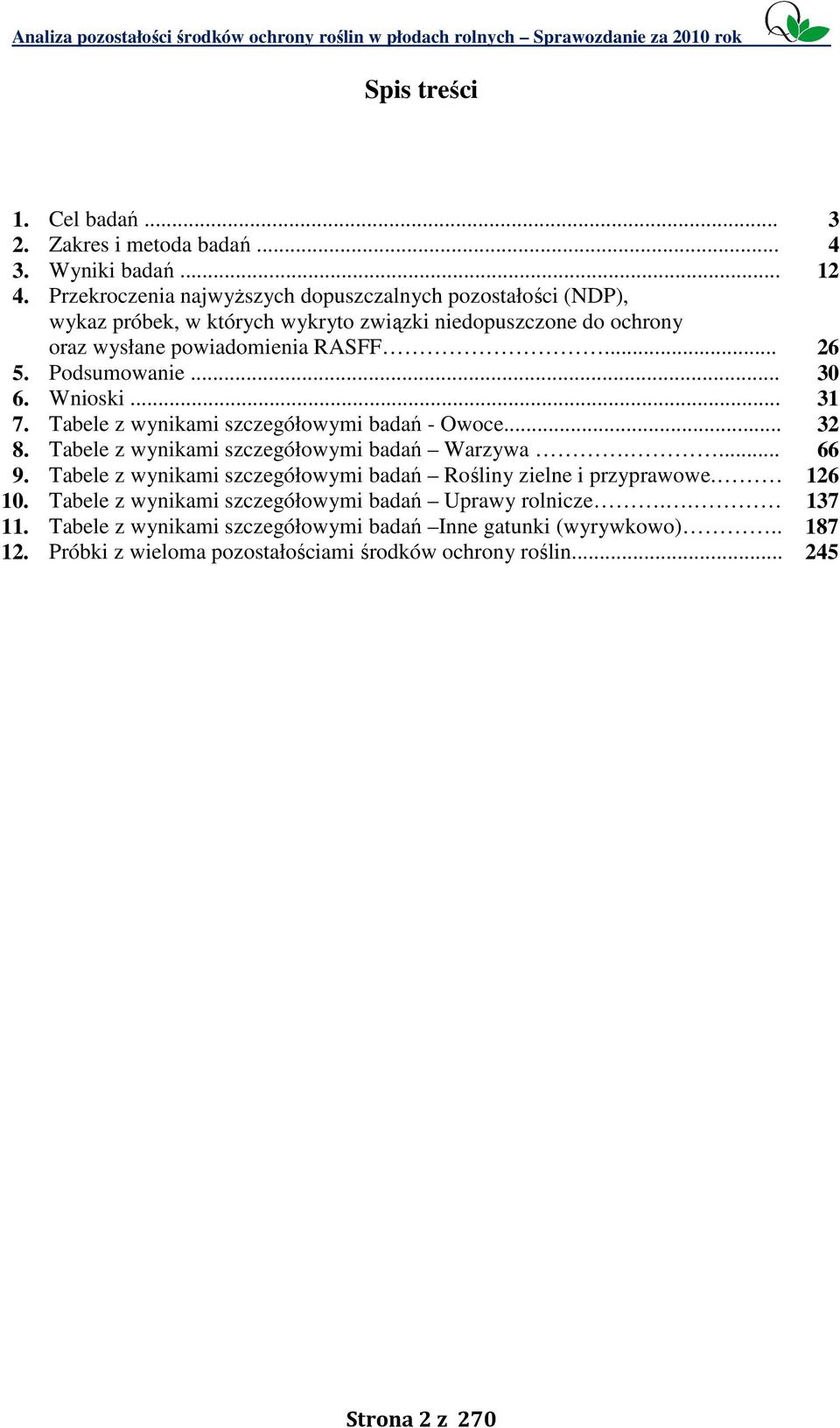 .. 30 6. Wnioski... 31 7. Tabele z wynikami szczegółowymi badań - Owoce... 32 8. Tabele z wynikami szczegółowymi badań Warzywa.... 66 9.