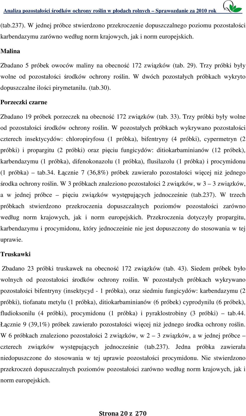 Porzeczki czarne Zbadano 19 porzeczek na obecność 172 związków (tab. 33). Trzy próbki były wolne od środków ochrony roślin.