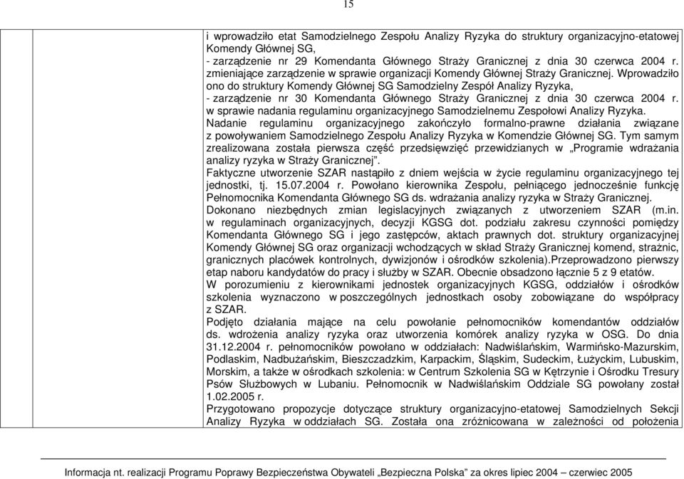Wprowadziło ono do struktury Komendy Głównej SG Samodzielny Zespół Analizy Ryzyka, - zarządzenie nr 30 Komendanta Głównego Straży Granicznej z dnia 30 czerwca 2004 r.