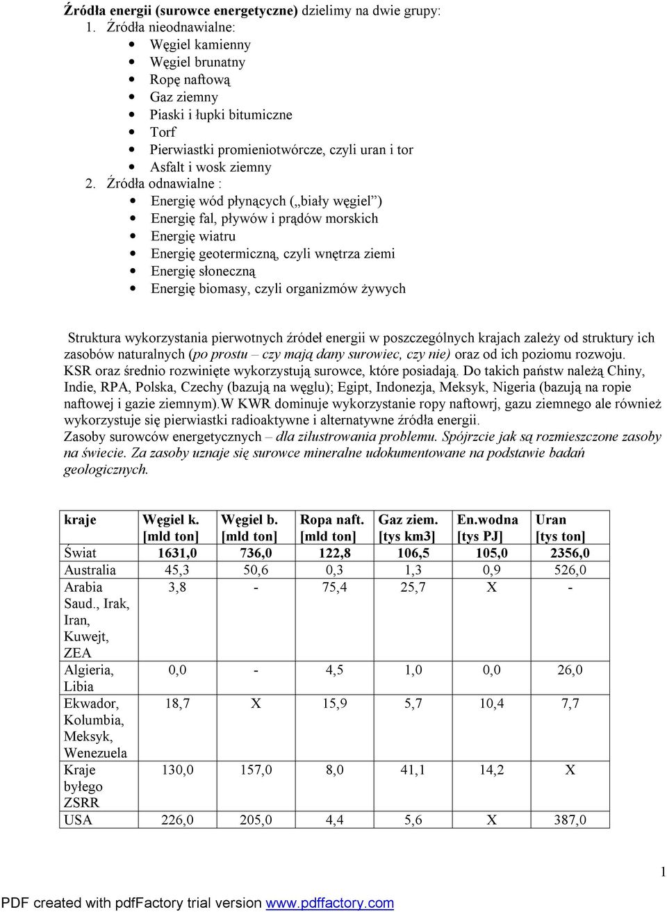 Źródła odnawialne : Energię wód płynących ( biały węgiel ) Energię fal, pływów i prądów morskich Energię wiatru Energię geotermiczną, czyli wnętrza ziemi Energię słoneczną Energię biomasy, czyli