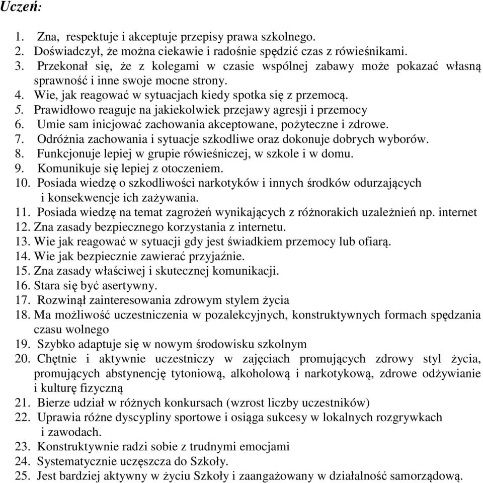 Prawidłowo reaguje na jakiekolwiek przejawy agresji i przemocy 6. Umie sam inicjować zachowania akceptowane, pożyteczne i zdrowe. 7.