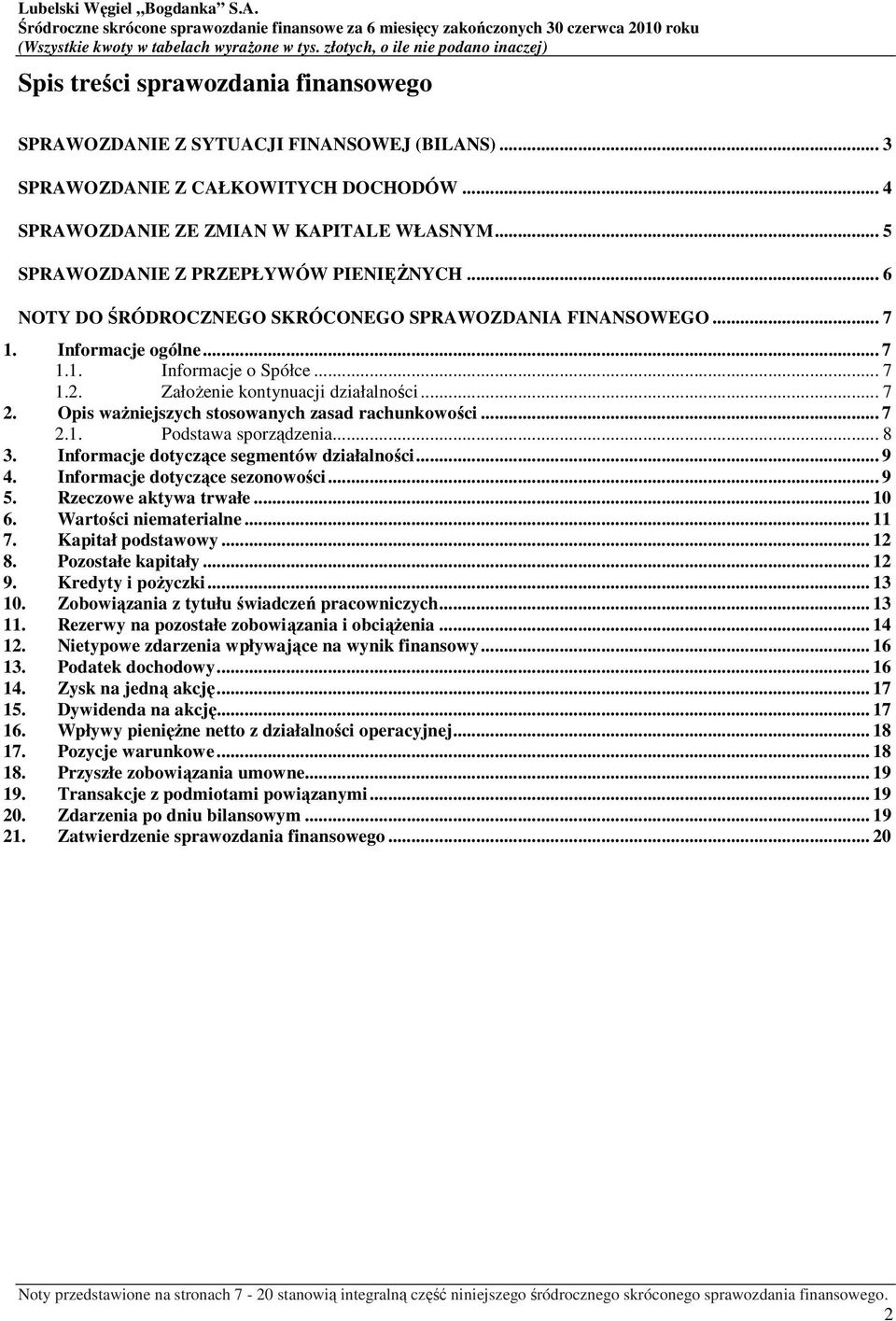 Założenie kontynuacji działalności... 7 2. Opis ważniejszych stosowanych zasad rachunkowości... 7 2.1. Podstawa sporządzenia... 8 3. Informacje dotyczące segmentów działalności... 9 4.