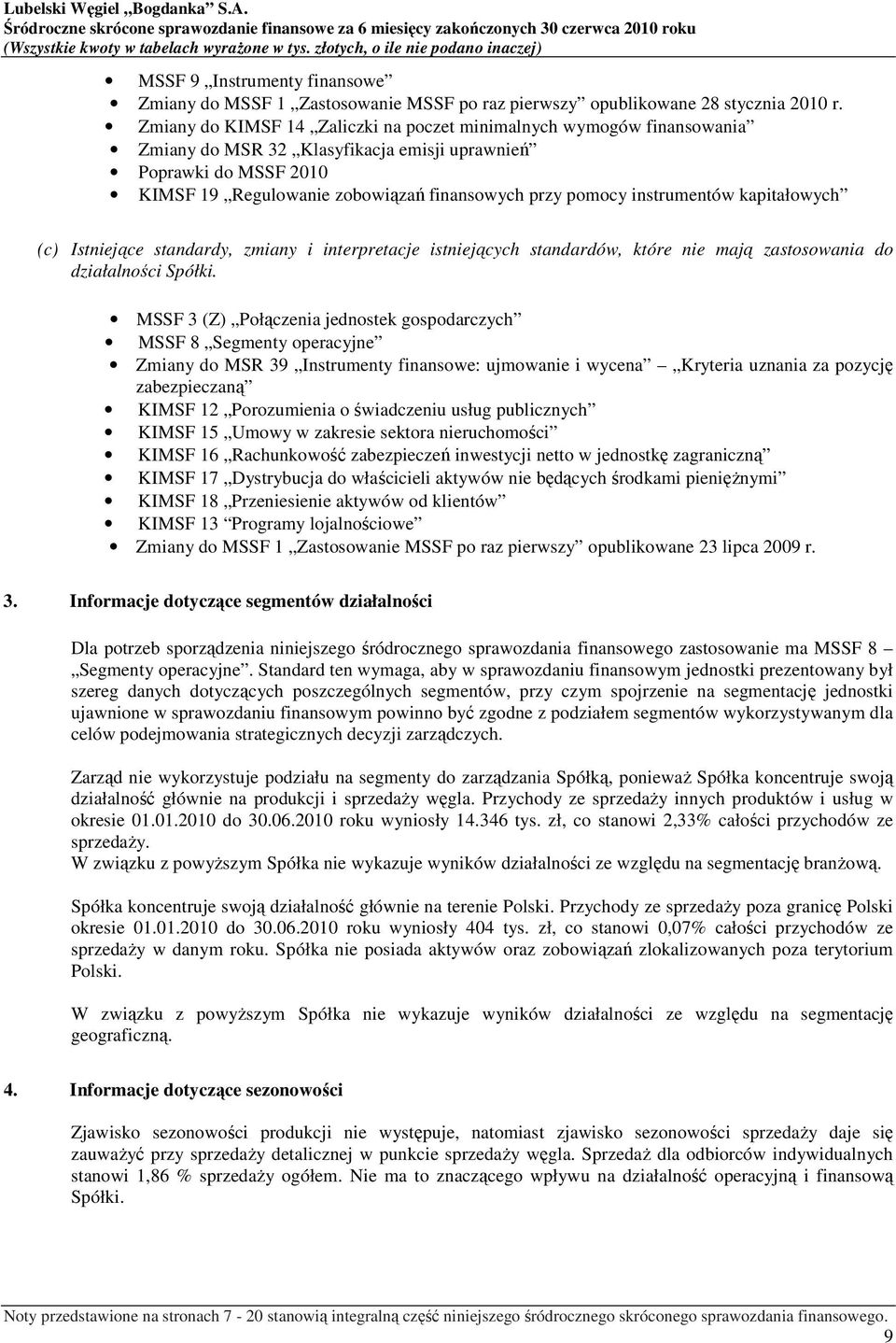 instrumentów kapitałowych (c) Istniejące standardy, zmiany i interpretacje istniejących standardów, które nie mają zastosowania do działalności Spółki.