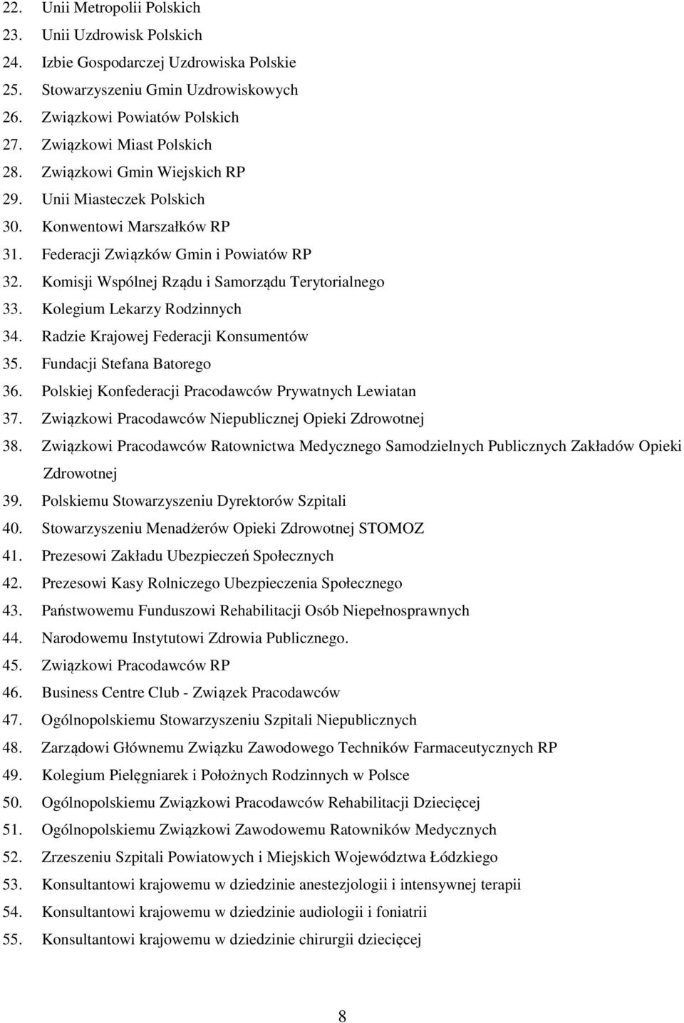 Komisji Wspólnej Rządu i Samorządu Terytorialnego 33. Kolegium Lekarzy Rodzinnych 34. Radzie Krajowej Federacji Konsumentów 35. Fundacji Stefana Batorego 36.