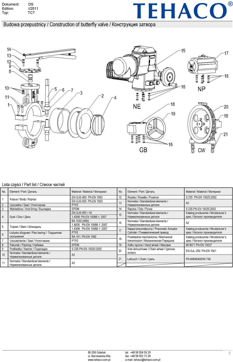 Seal / Уплотнение PTFE 3 Wykładzina / Acid lining / Bыкладка EPDM 14 Rączka / Grip / Ручка S 235 PN-EN 10025:2002 EN-GJS-500 + Ni Katalog producenta / Mnufacturer s 15 4 Dysk / Disc / Диск 1.