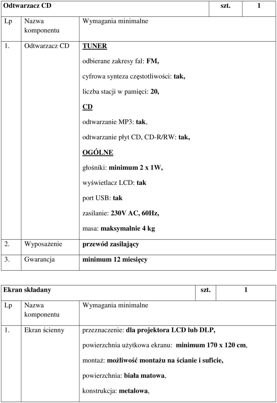 CD-R/RW: tak, OGÓLNE głośniki: minimum 2 x 1W, wyświetlacz LCD: tak port USB: tak zasilanie: 230V AC, 60Hz, masa: maksymalnie 4 kg 2.