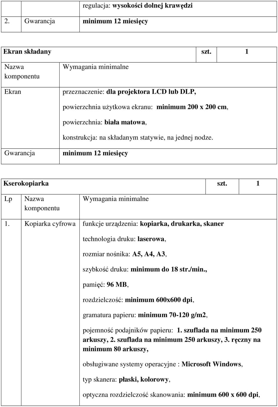 nodze. Gwarancja minimum 12 miesięcy Kserokopiarka szt. 1 Wymagania minimalne 1.