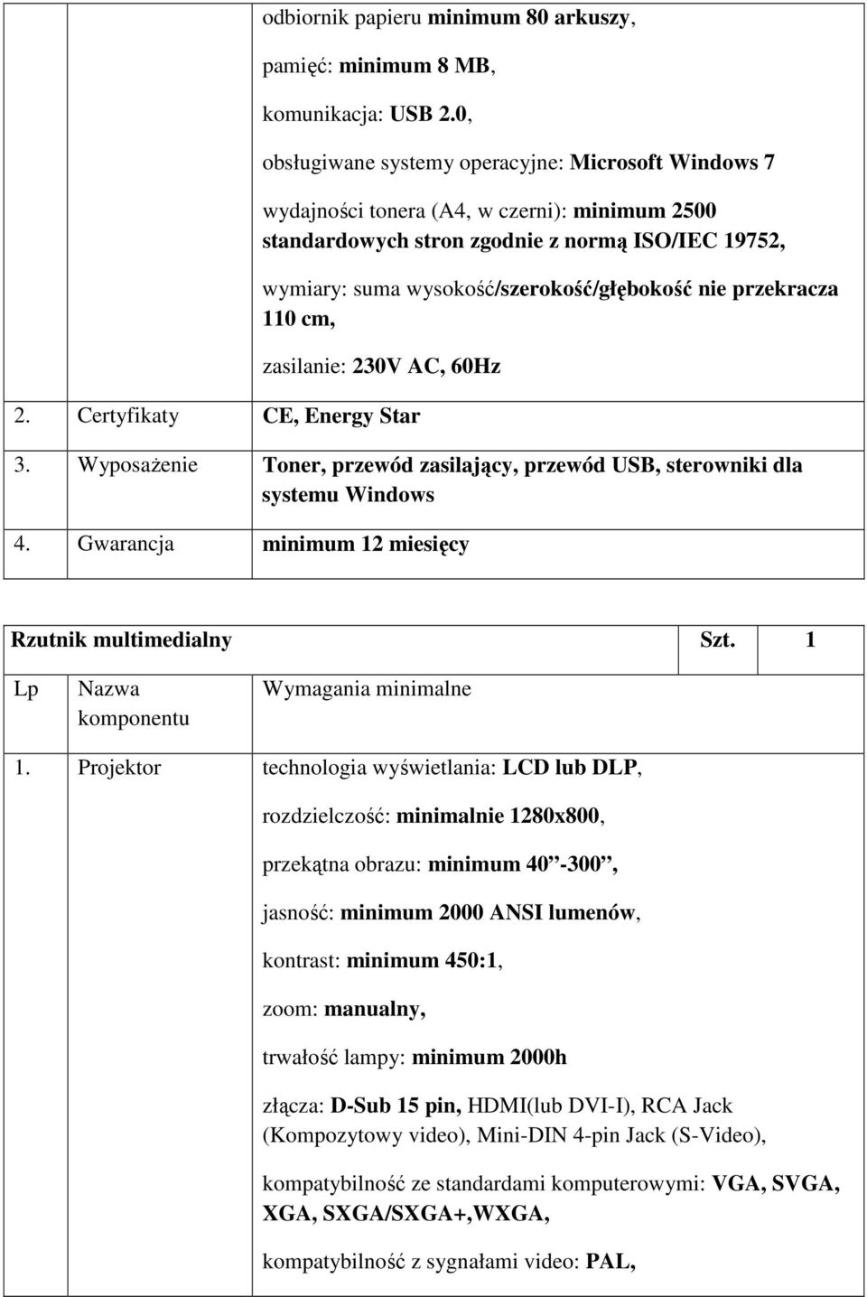 przekracza 110 cm, zasilanie: 230V AC, 60Hz 2. Certyfikaty CE, Energy Star 3. Wyposażenie Toner, przewód zasilający, przewód USB, sterowniki dla systemu Windows 4.