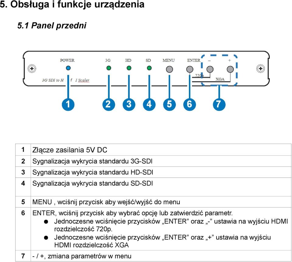 Sygnalizacja wykrycia standardu SD-SDI 5 MENU, wciśnij przycisk aby wejść/wyjść do menu 6 ENTER, wciśnij przycisk aby wybrać opcję