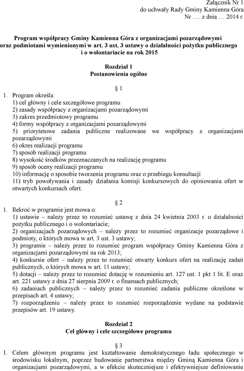 Program określa: 1) cel główny i cele szczegółowe programu 2) zasady współpracy z organizacjami pozarządowymi 3) zakres przedmiotowy programu 4) formy współpracy z organizacjami pozarządowymi 5)