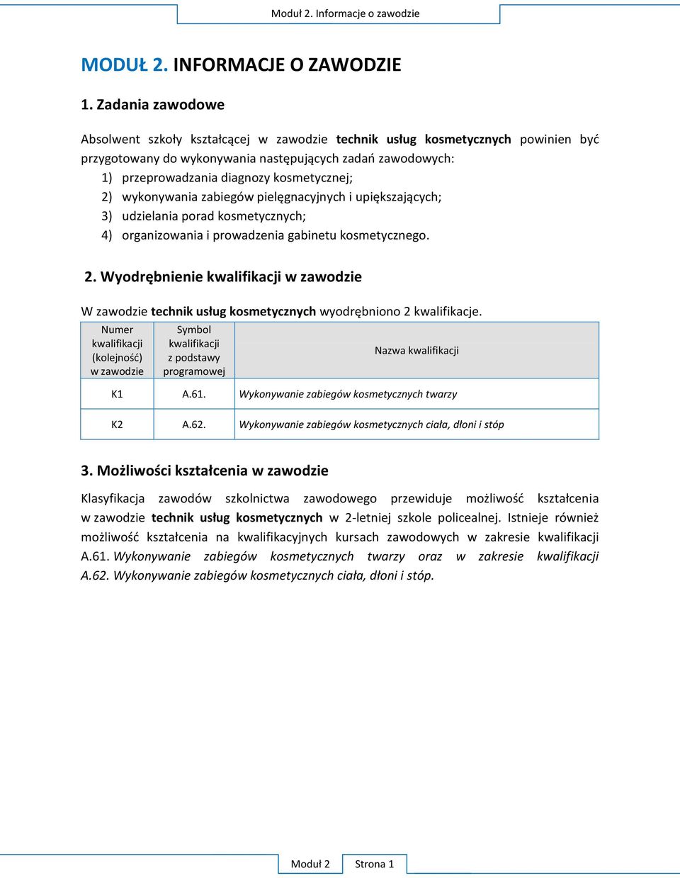 organizowania i prowadzenia gabinetu kosmetycznego. 2. W W zawodzie 2 kwalifikacje.