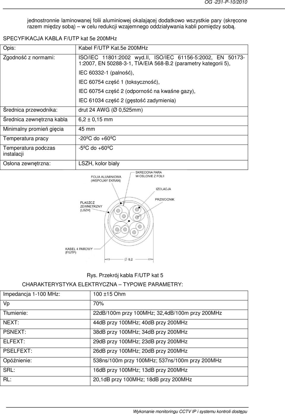 2 (parametry kategorii 5), Średnica przewodnika: Średnica zewnętrzna kabla Minimalny promień gięcia Temperatura pracy Temperatura podczas instalacji Osłona zewnętrzna: IEC 60332-1 (palność), IEC