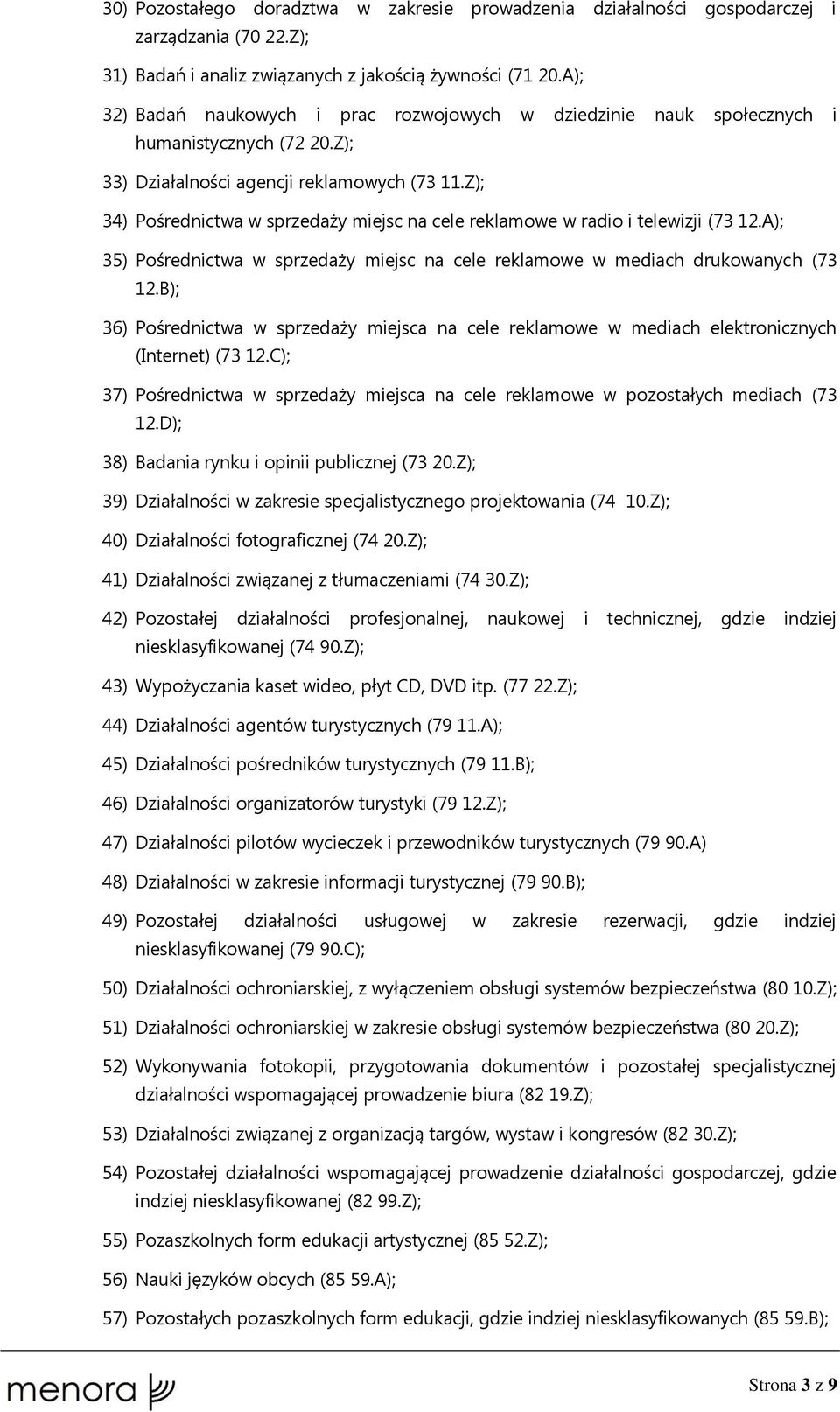 Z); 34) Pośrednictwa w sprzedaży miejsc na cele reklamowe w radio i telewizji (73 12.A); 35) Pośrednictwa w sprzedaży miejsc na cele reklamowe w mediach drukowanych (73 12.