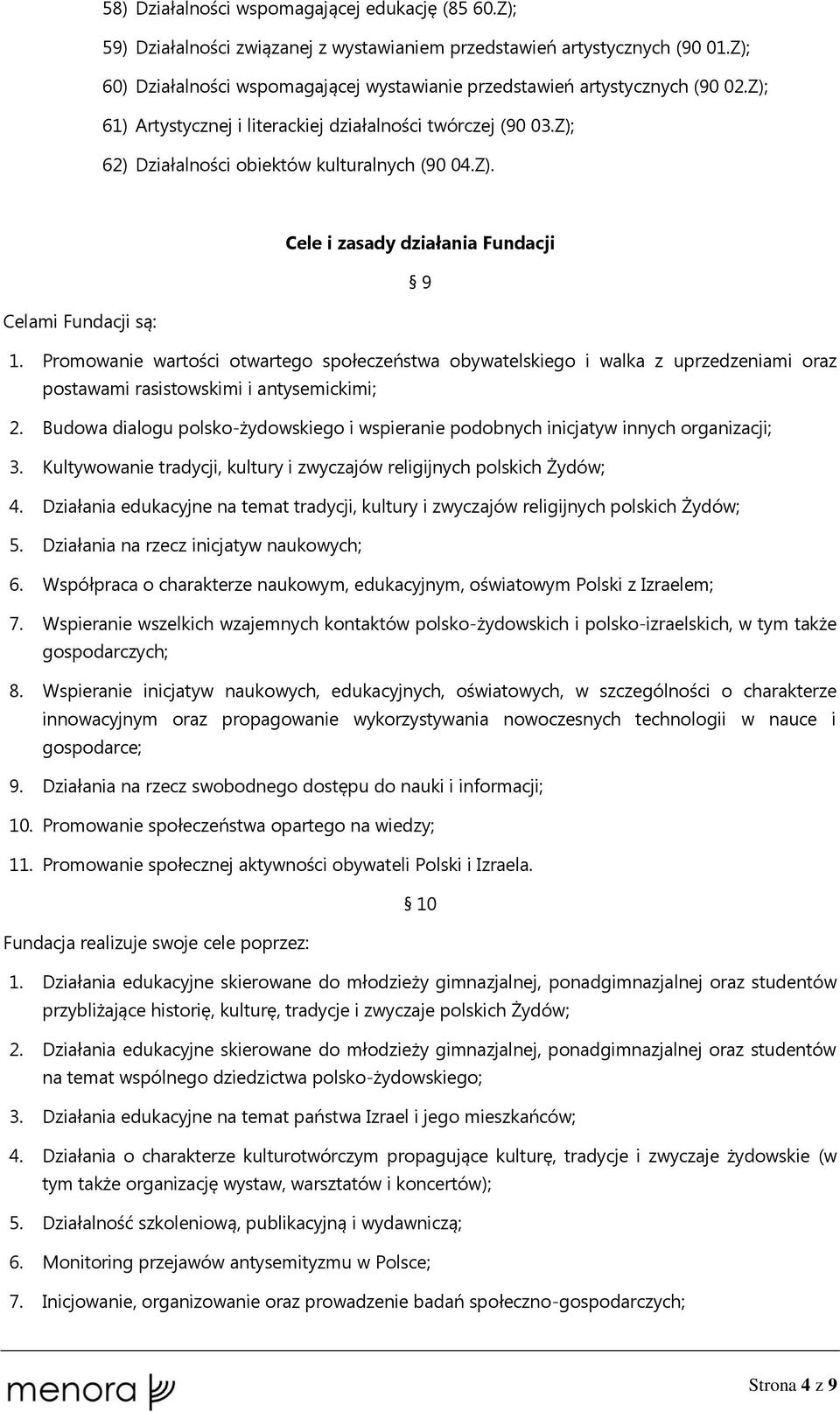 Promowanie wartości otwartego społeczeństwa obywatelskiego i walka z uprzedzeniami oraz postawami rasistowskimi i antysemickimi; 2.