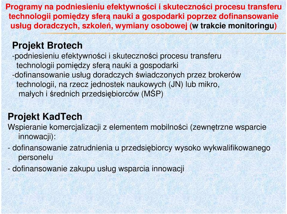 doradczych świadczonych przez brokerów technologii, na rzecz jednostek naukowych (JN) lub mikro, małych i średnich przedsiębiorców (MŚP) Projekt KadTech Wspieranie komercjalizacji