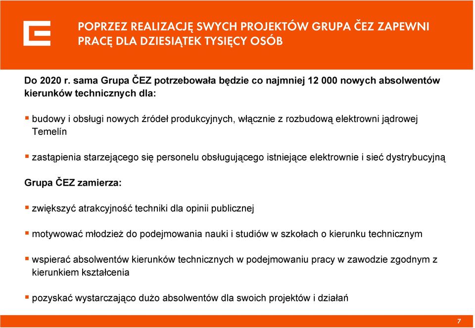 jądrowej Temelín zastąpienia starzejącego się personelu obsługującego istniejące elektrownie i sieć dystrybucyjną Grupa ČEZ zamierza: zwiększyć atrakcyjność techniki dla opinii