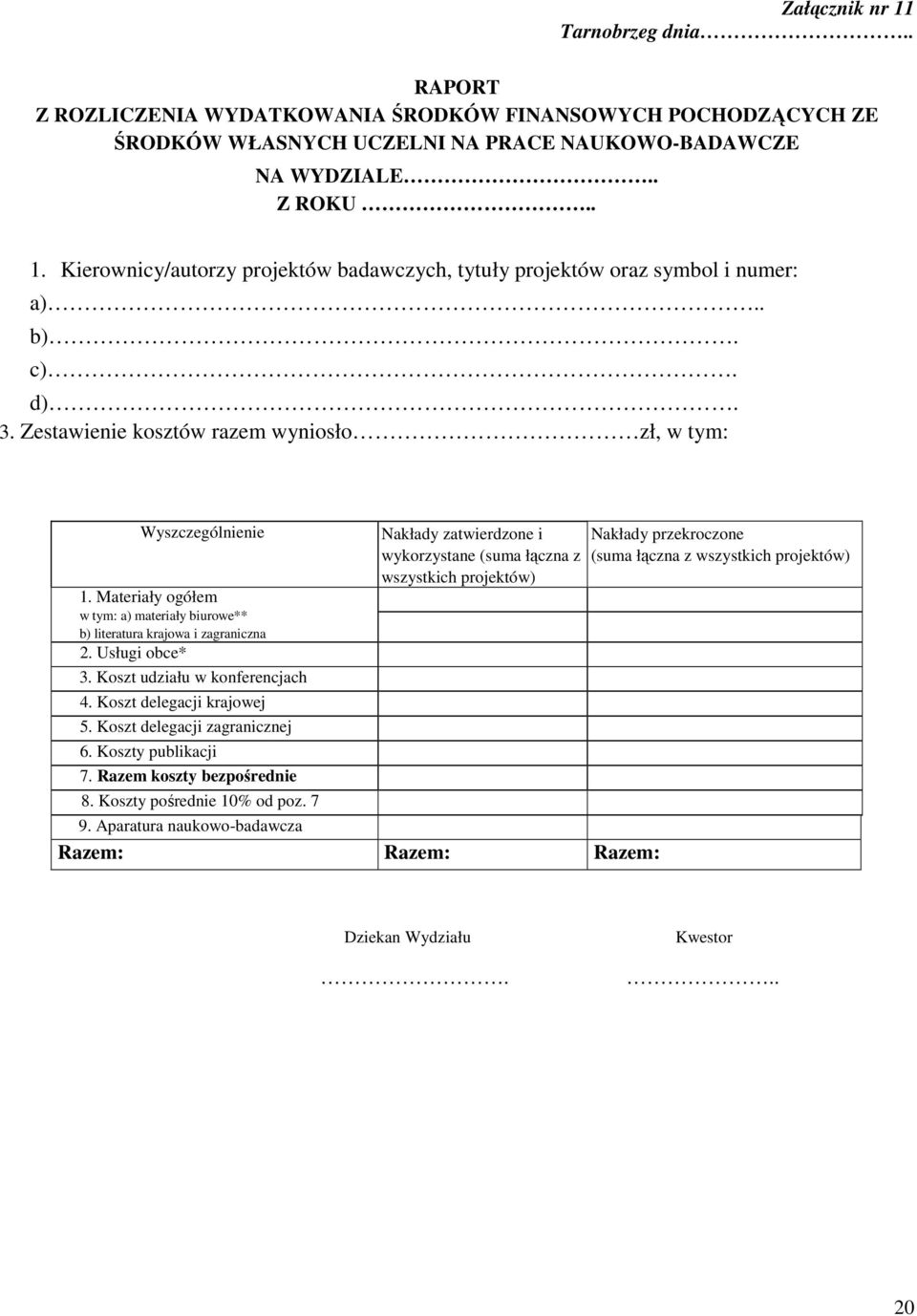 Koszt udziału w konferencjach 4. Koszt delegacji krajowej 5. Koszt delegacji zagranicznej 6. Koszty publikacji 7. Razem koszty bezpośrednie 8. Koszty pośrednie 10% od poz.