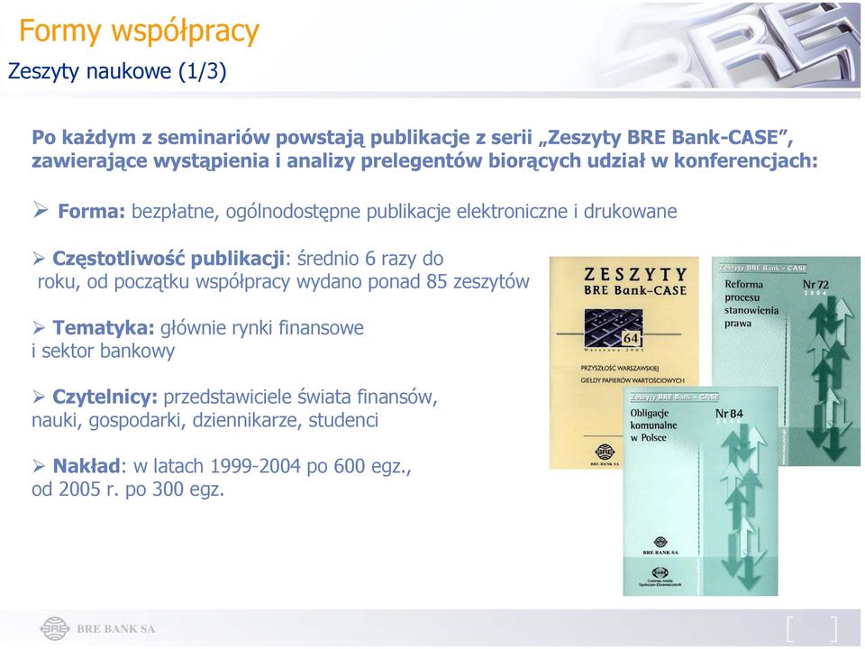 publikacji: średnio 6 razy do roku, od początku współpracy wydano ponad 85 zeszytów Tematyka: głównie rynki finansowe i sektor bankowy