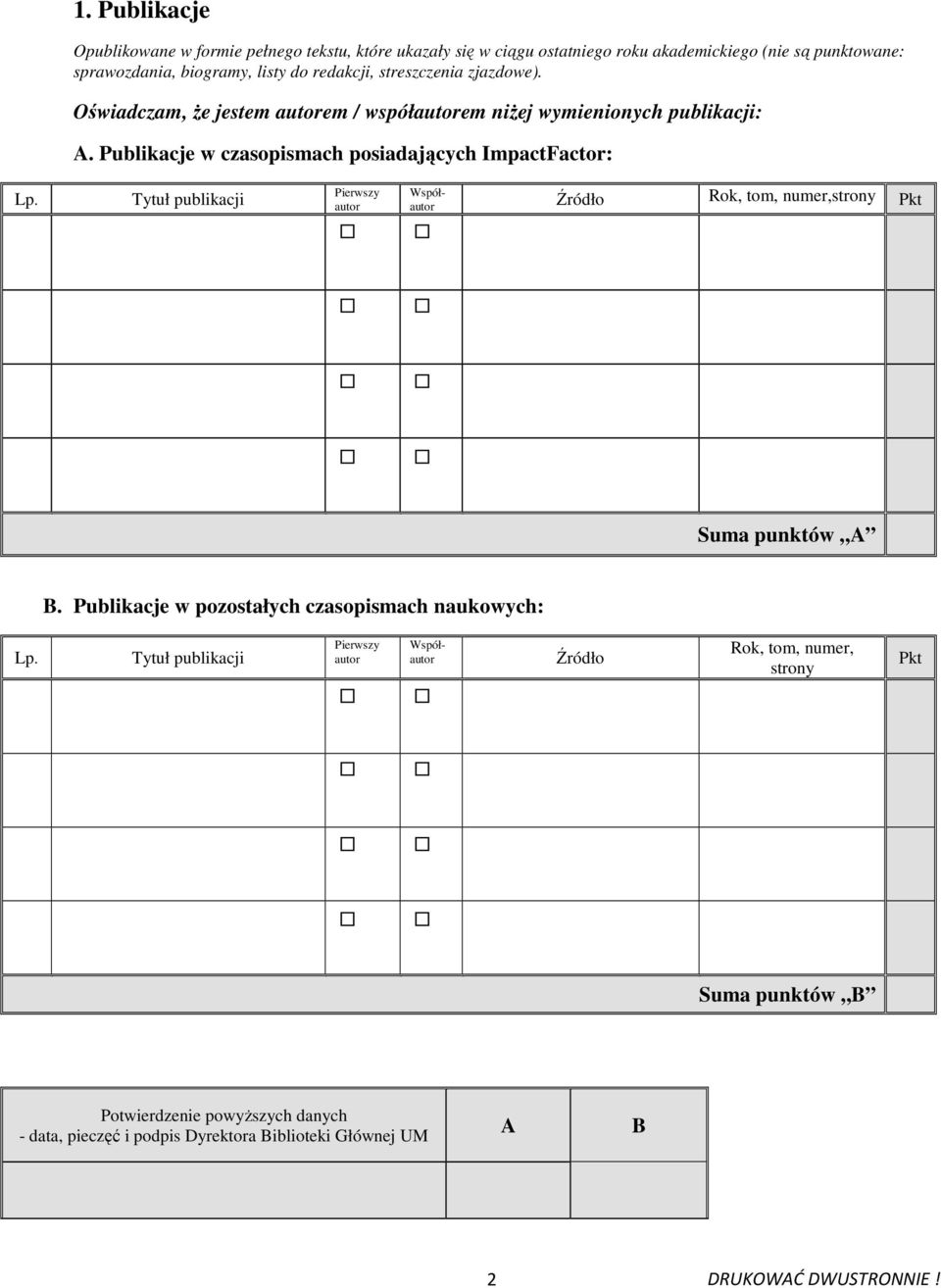 Publikacje w czasopismach posiadających ImpactFactor: Lp. Tytuł publikacji Pierwszy autor Współautor Źródło Rok, tom, numer,strony Pkt Suma punktów A B.