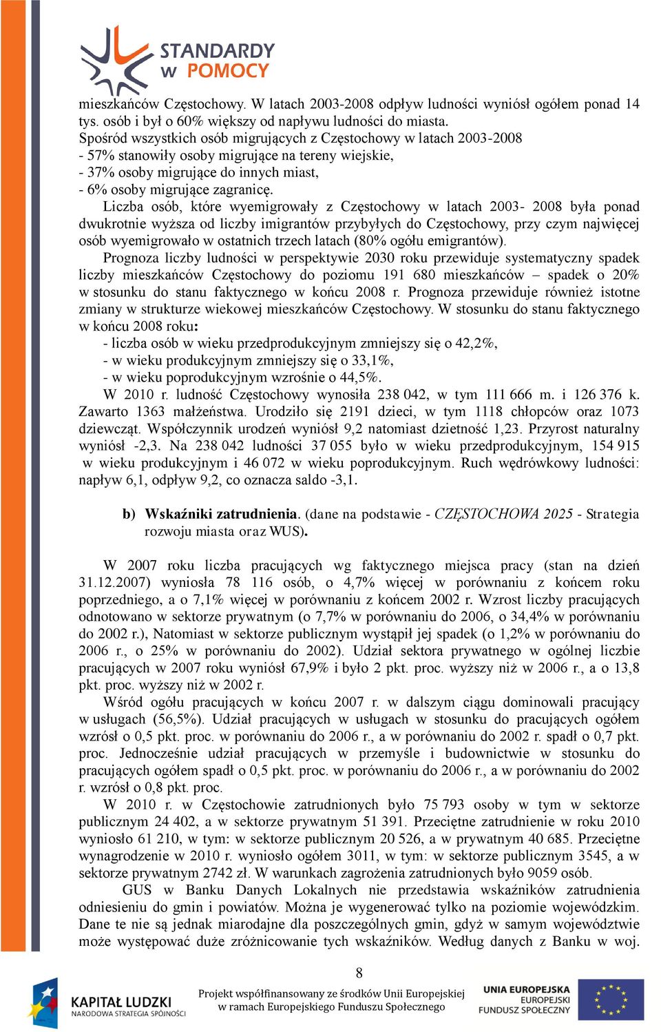 Liczba osób, które wyemigrowały z Częstochowy w latach 2003-2008 była ponad dwukrotnie wyższa od liczby imigrantów przybyłych do Częstochowy, przy czym najwięcej osób wyemigrowało w ostatnich trzech