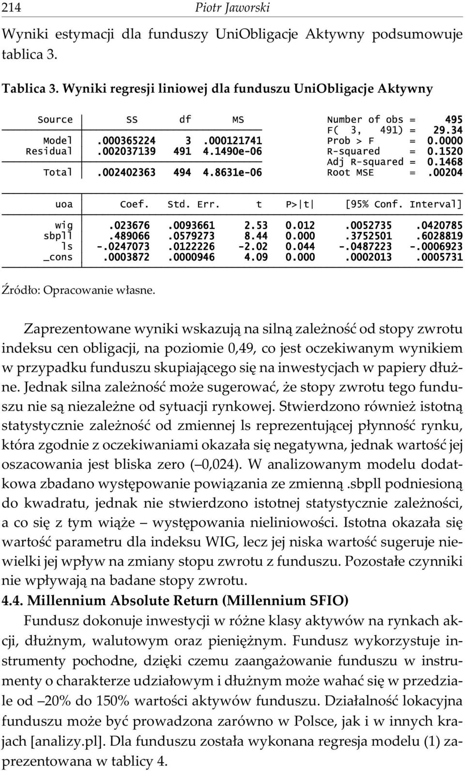 d³u - ne. Jednak silna zale noœæ mo e sugerowaæ, e stopy zwrotu tego funduszu nie s¹ niezale ne od sytuacji rynkowej.