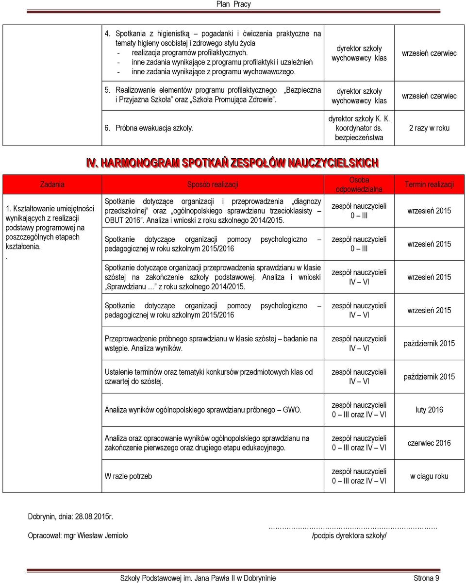 Realizowanie elementów programu profilaktycznego Bezpieczna i Przyjazna Szkoła oraz Szkoła Promująca Zdrowie. 6. Próbna ewakuacja. K. K. koordynator ds. bezpieczeństwa 2 razy w roku Zadania 1.