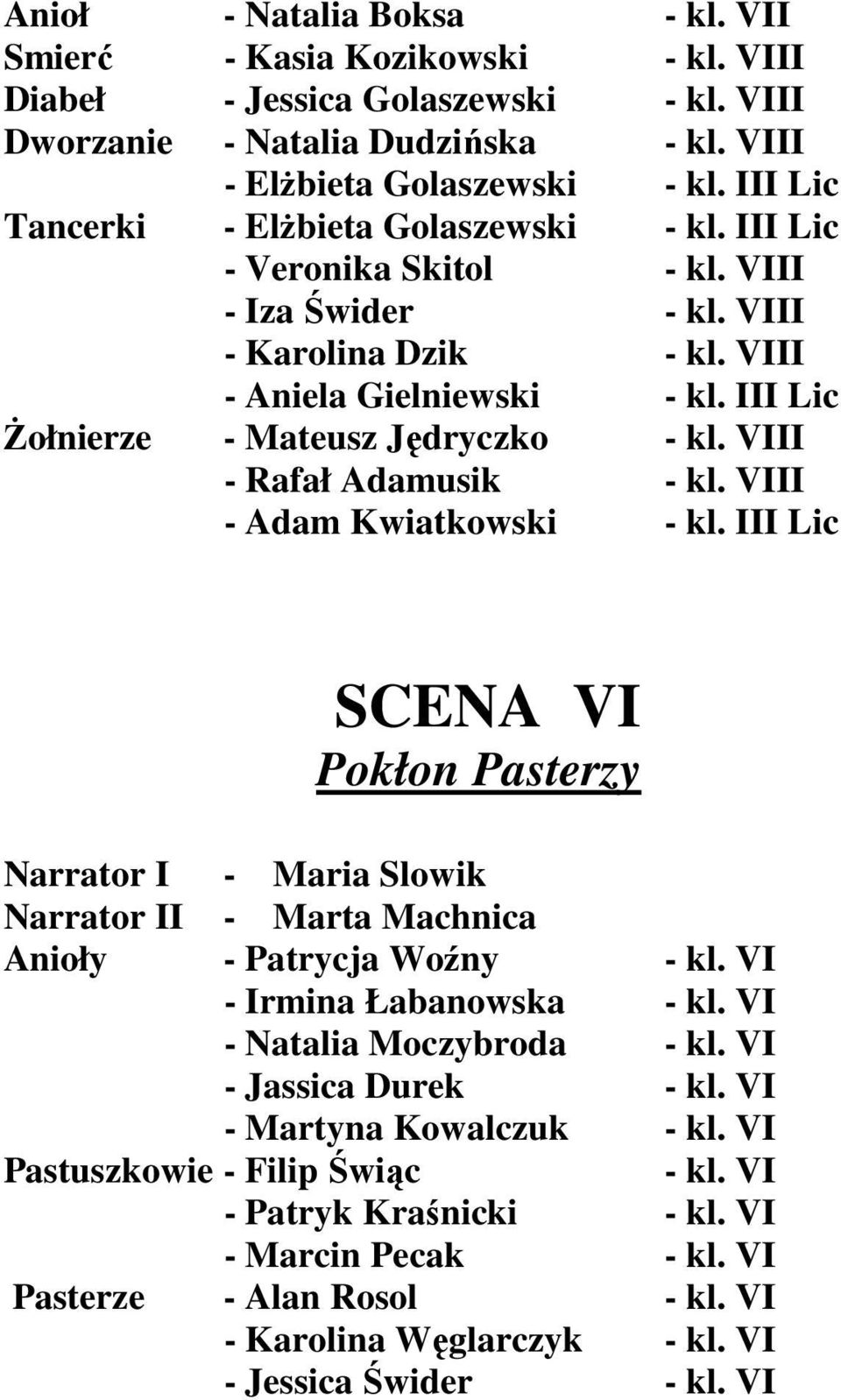 III Lic śołnierze - Mateusz Jędryczko - kl. VIII - Rafał Adamusik - kl. VIII - Adam Kwiatkowski - kl. III Lic SCENA VI Pokłon Pasterzy Anioły - Patrycja Woźny - kl. VI - Irmina Łabanowska - kl.
