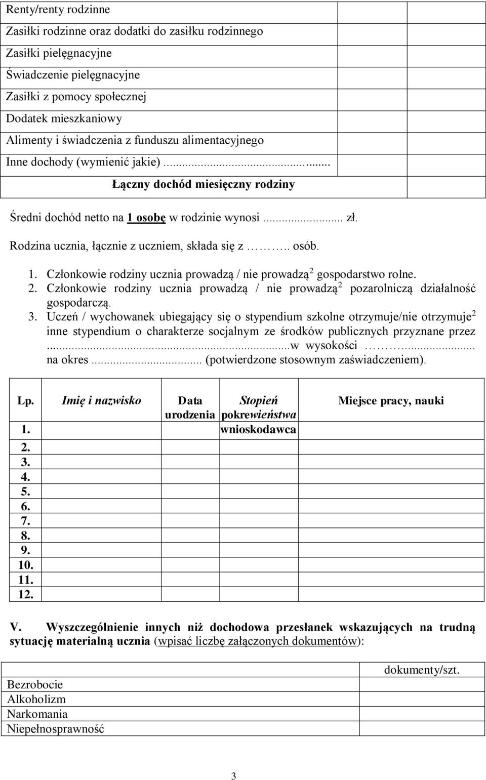 . osób. 1. Członkowie rodziny ucznia prowadzą / nie prowadzą 2 gospodarstwo rolne. 2. Członkowie rodziny ucznia prowadzą / nie prowadzą 2 pozarolniczą działalność gospodarczą. 3.