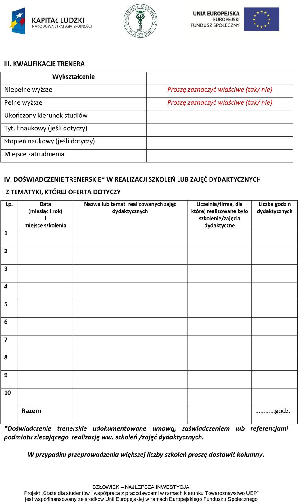 1 2 3 4 5 6 7 8 9 10 Data (miesiąc i rok) i miejsce szkolenia Nazwa lub temat realizowanych zajęć Uczelnia/firma, dla której realizowane było szkolenie/zajęcia dydaktyczne