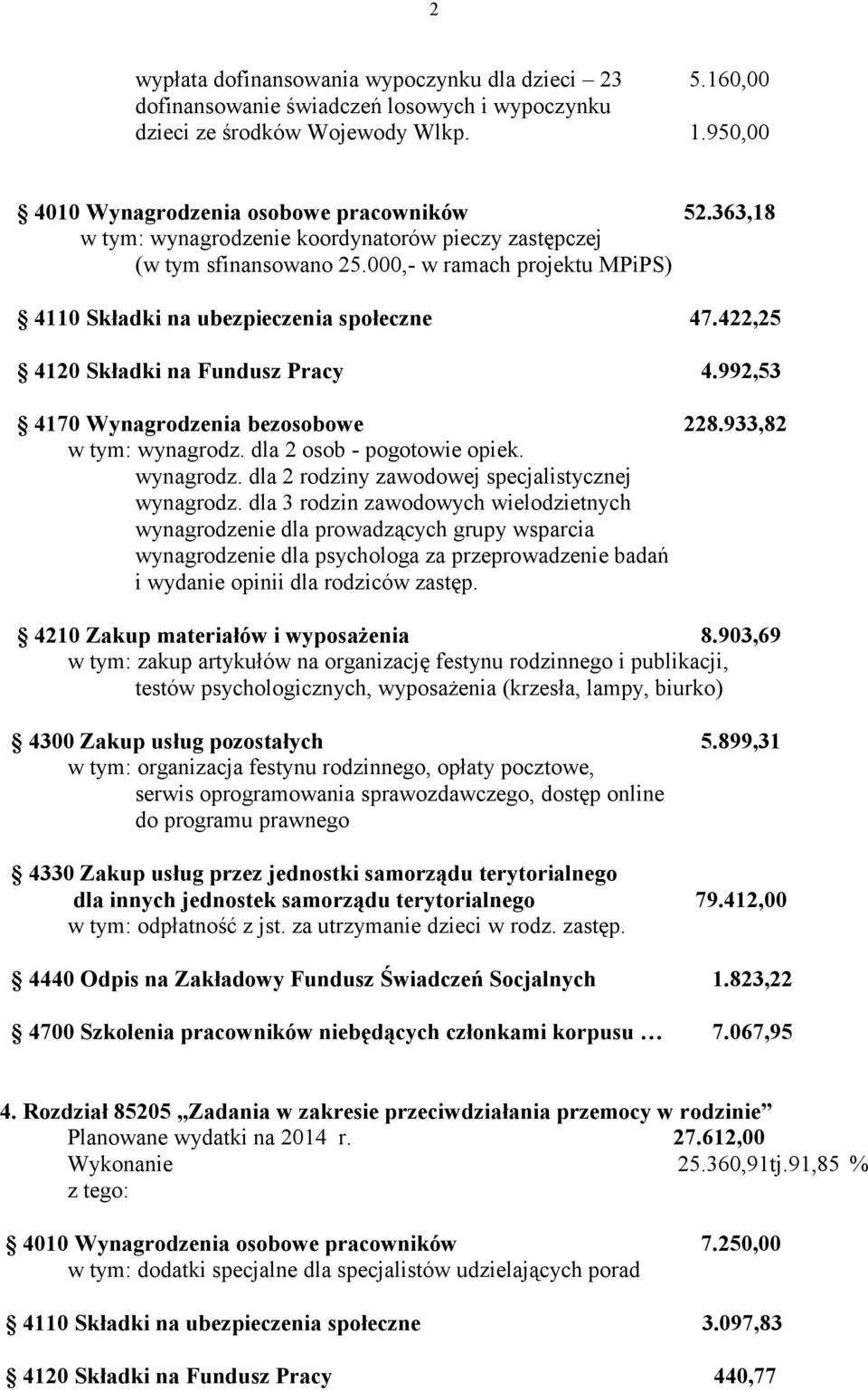 992,53 4170 Wynagrodzenia bezosobowe 228.933,82 w tym: wynagrodz. dla 2 osob - pogotowie opiek. wynagrodz. dla 2 rodziny zawodowej specjalistycznej wynagrodz.