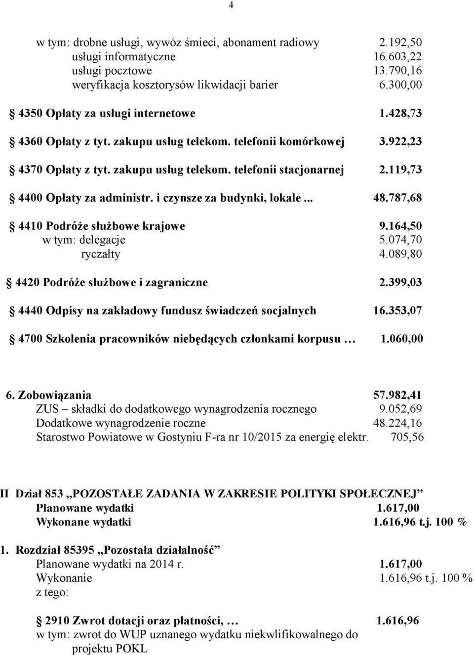 119,73 4400 Opłaty za administr. i czynsze za budynki, lokale... 48.787,68 4410 Podróże służbowe krajowe 9.164,50 w tym: delegacje 5.074,70 ryczałty 4.089,80 4420 Podróże służbowe i zagraniczne 2.