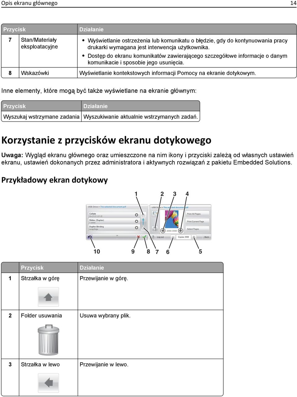 Inne elementy, które mogą być także wyświetlane na ekranie głównym: Przycisk Działanie Wyszukaj wstrzymane zadania Wyszukiwanie aktualnie wstrzymanych zadań.