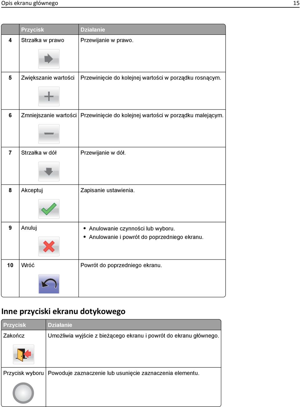 7 Strzałka w dół Przewijanie w dół. 8 Akceptuj Zapisanie ustawienia. 9 Anuluj Anulowanie czynności lub wyboru. Anulowanie i powrót do poprzedniego ekranu.