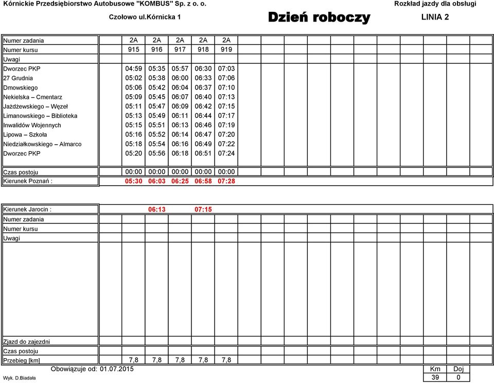 06:37 07:10 Nekielska Cmentarz 05:09 05:45 06:07 06:40 07:13 Ja d ewskiego Węzeł 05:11 05:47 06:09 06:42 07:15 Limanowskiego Biblioteka 05:13 05:49 06:11 06:44 07:17 Inwalidów