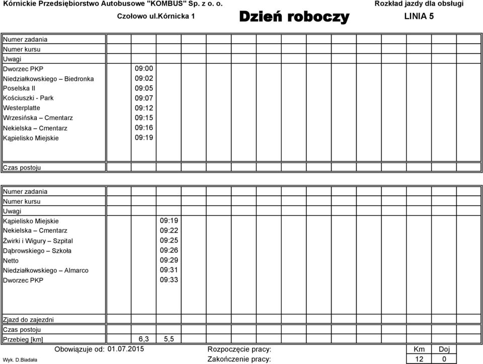 kórnicka 1 LINIA 5 Kąpielisko Miejskie 09:19 Nekielska Cmentarz 09:22 wirki i Wigury Szpital 09:25 Dąbrowskiego Szkoła