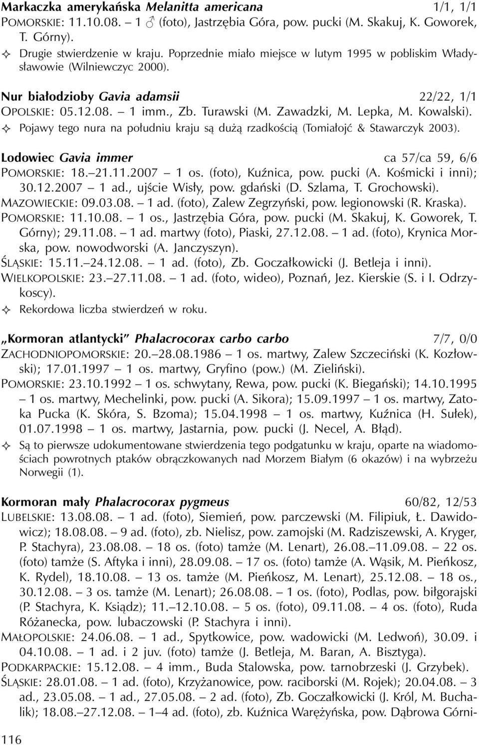 Kowalski). Pojawy tego nura na południu kraju są dużą rzadkością (Tomiałojć & Stawarczyk 2003). Lodowiec Gavia immer ca 57/ca 59, 6/6 POMORSKIE: 18. 21.11.2007 1 os. (foto), Kuźnica, pow. pucki (A.