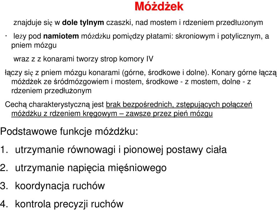 Konary górne łączą móŝdŝek ze śródmózgowiem i mostem, środkowe - z mostem, dolne - z rdzeniem przedłuŝonym Cechą charakterystyczną jest brak bezpośrednich,