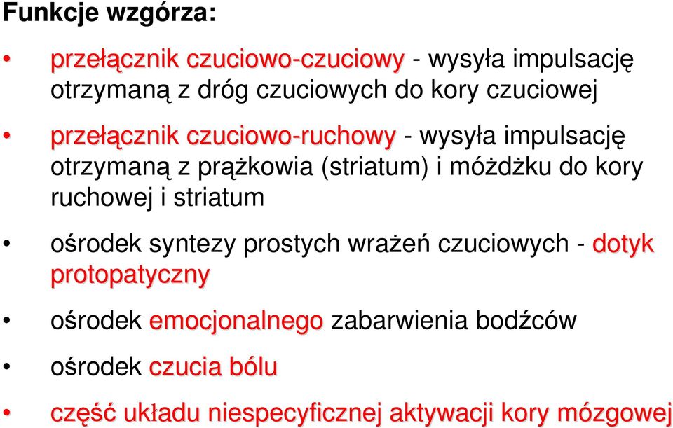 móŝdŝku do kory ruchowej i striatum ośrodek syntezy prostych wraŝeń czuciowych - dotyk protopatyczny