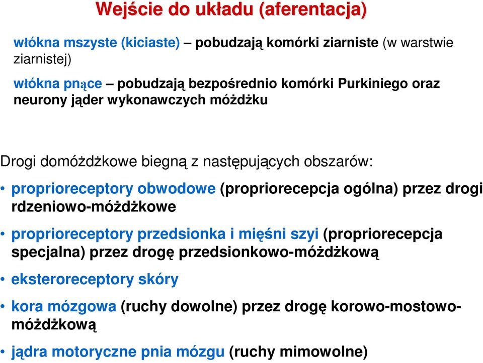 obwodowe (propriorecepcja ogólna) przez drogi rdzeniowo-móŝdŝkowe proprioreceptory przedsionka i mięśni szyi (propriorecepcja specjalna) przez