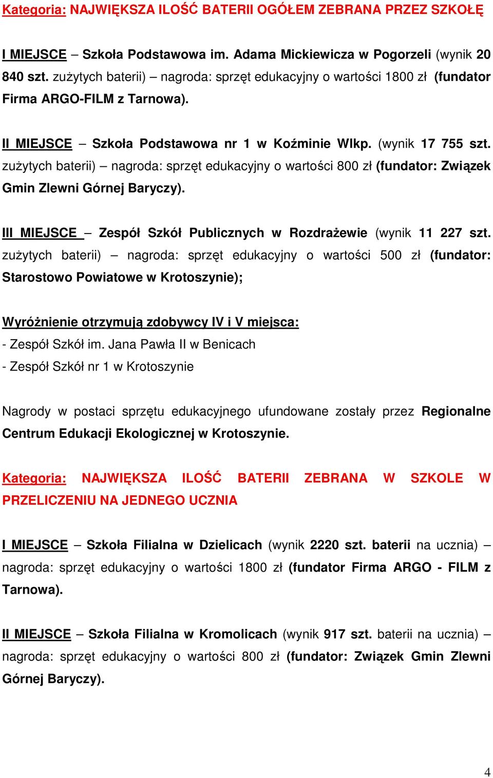 zuŝytych baterii) nagroda: sprzęt edukacyjny o wartości 800 zł (fundator: Związek Gmin Zlewni Górnej Baryczy). III MIEJSCE Zespół Szkół Publicznych w RozdraŜewie (wynik 11 227 szt.