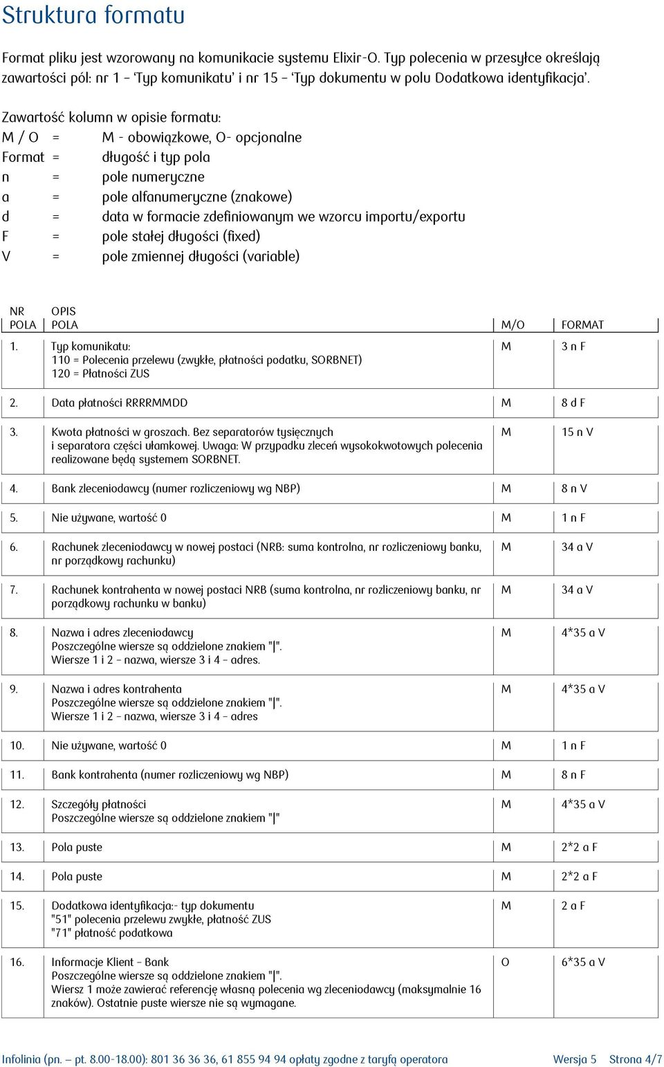 Zawartość kolumn w opisie formatu: / O = - obowiązkowe, O- opcjonalne Format = długość i typ pola n = pole numeryczne a = pole alfanumeryczne (znakowe) d = data w formacie zdefiniowanym we wzorcu