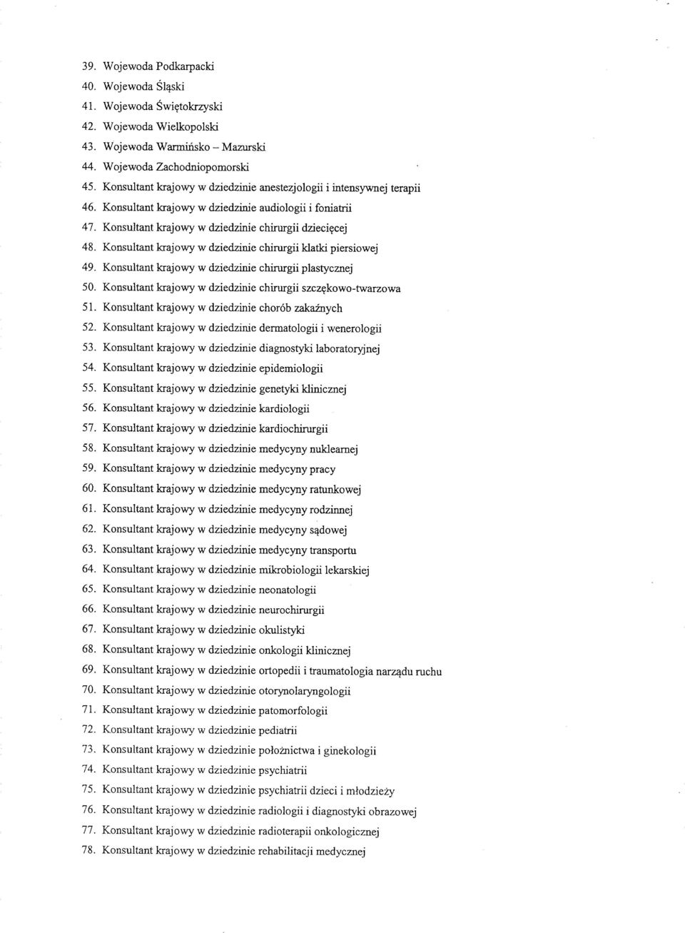 Knsultant krajwy w dziedzinie chirurgii klatki piersiwej 49. Knsultant krajwy w dziedzinie chirurgii plastycznej 50. Knsultant krajwy w dziedzinie chirurgii szcz?kw-twarzwa 51.